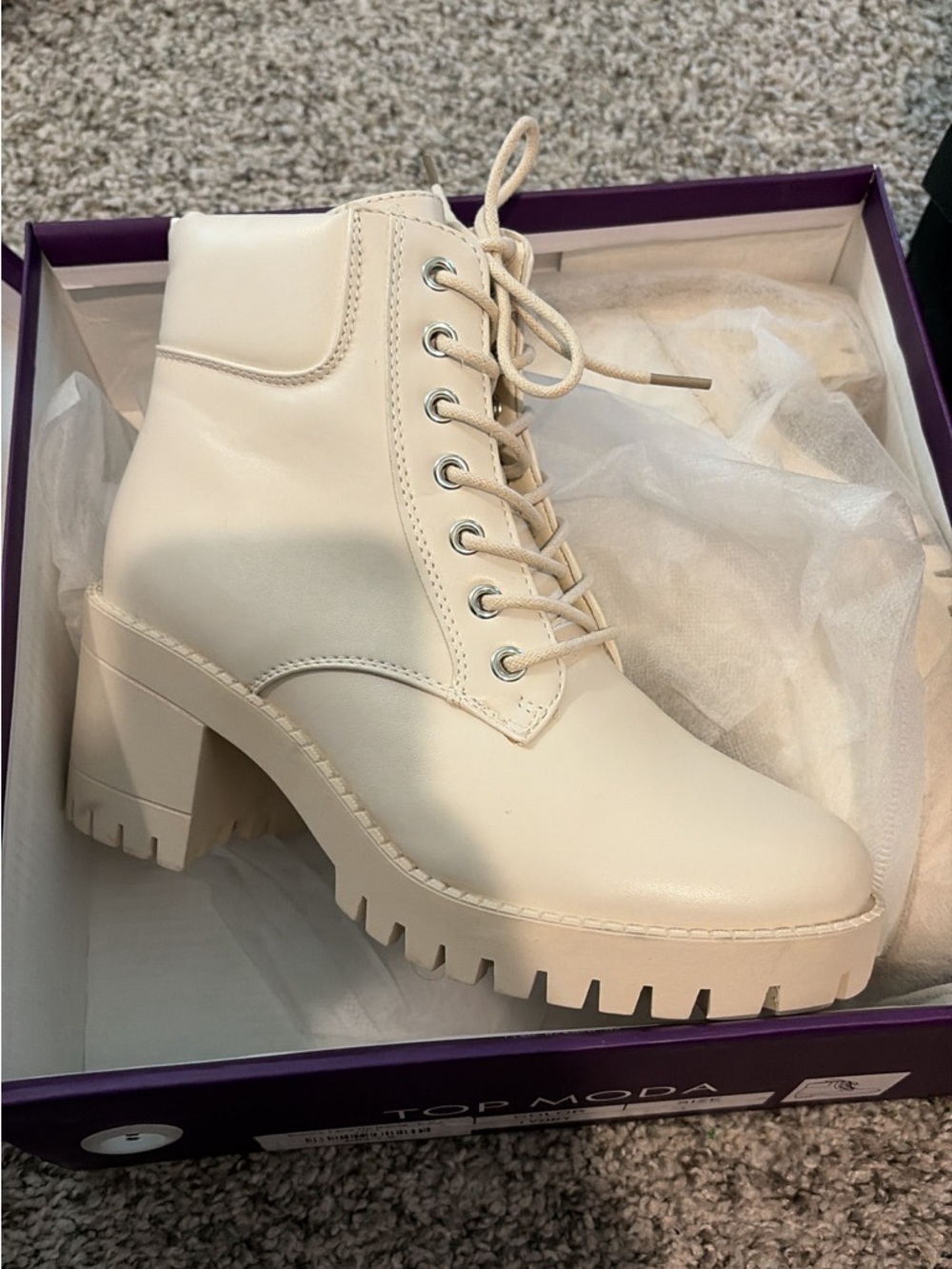 TOP Moda Cream Lace-Up Chunky Lug Heel Bootie